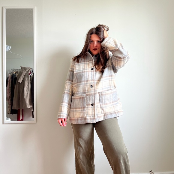 H&M cream tan coat with muted blue plaid - Picture 6 of 11